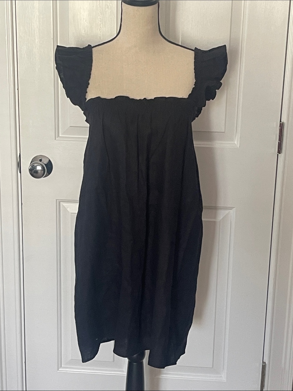 Reformation 100% Linen Black Ruffle-Sleeve Sundress
